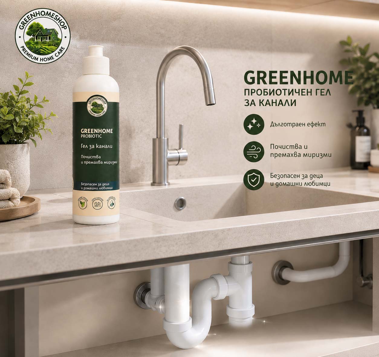 пробиотичен гел за почистване на канали и премахване на миризми greenhome