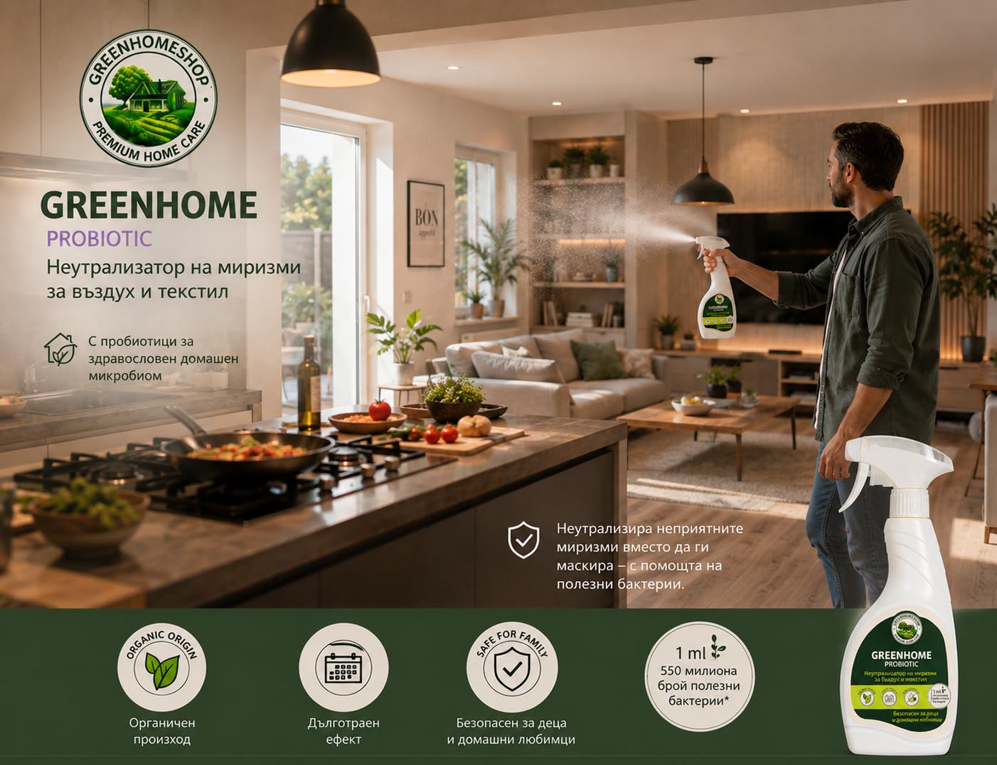 пробиотичен неутрализатор на неприятни миризми за въздух и текстил greenhome
