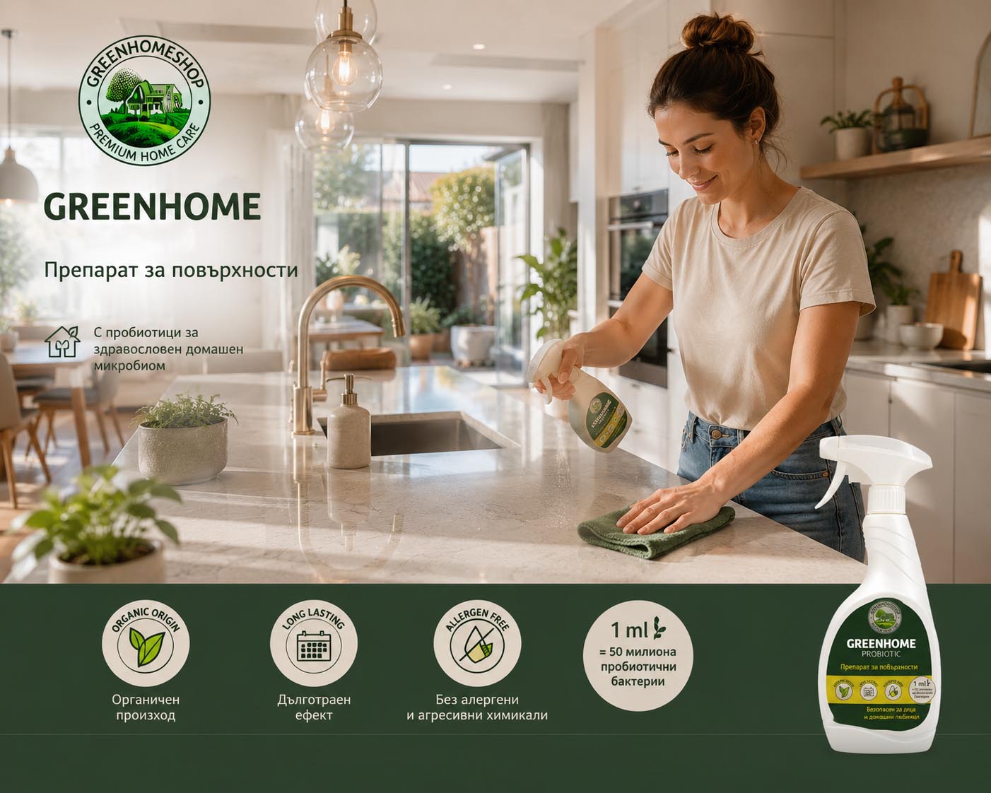 пробиотичен универсален почистващ препарат за повърхности Greenhome