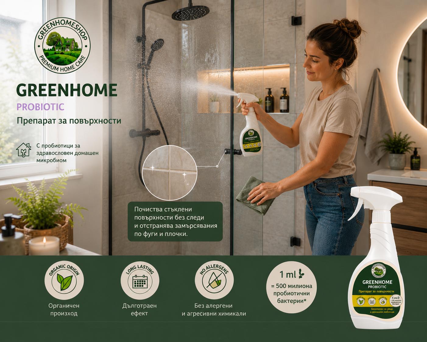 универсален пробиотичен почистващ препарат за повърхности greenhome