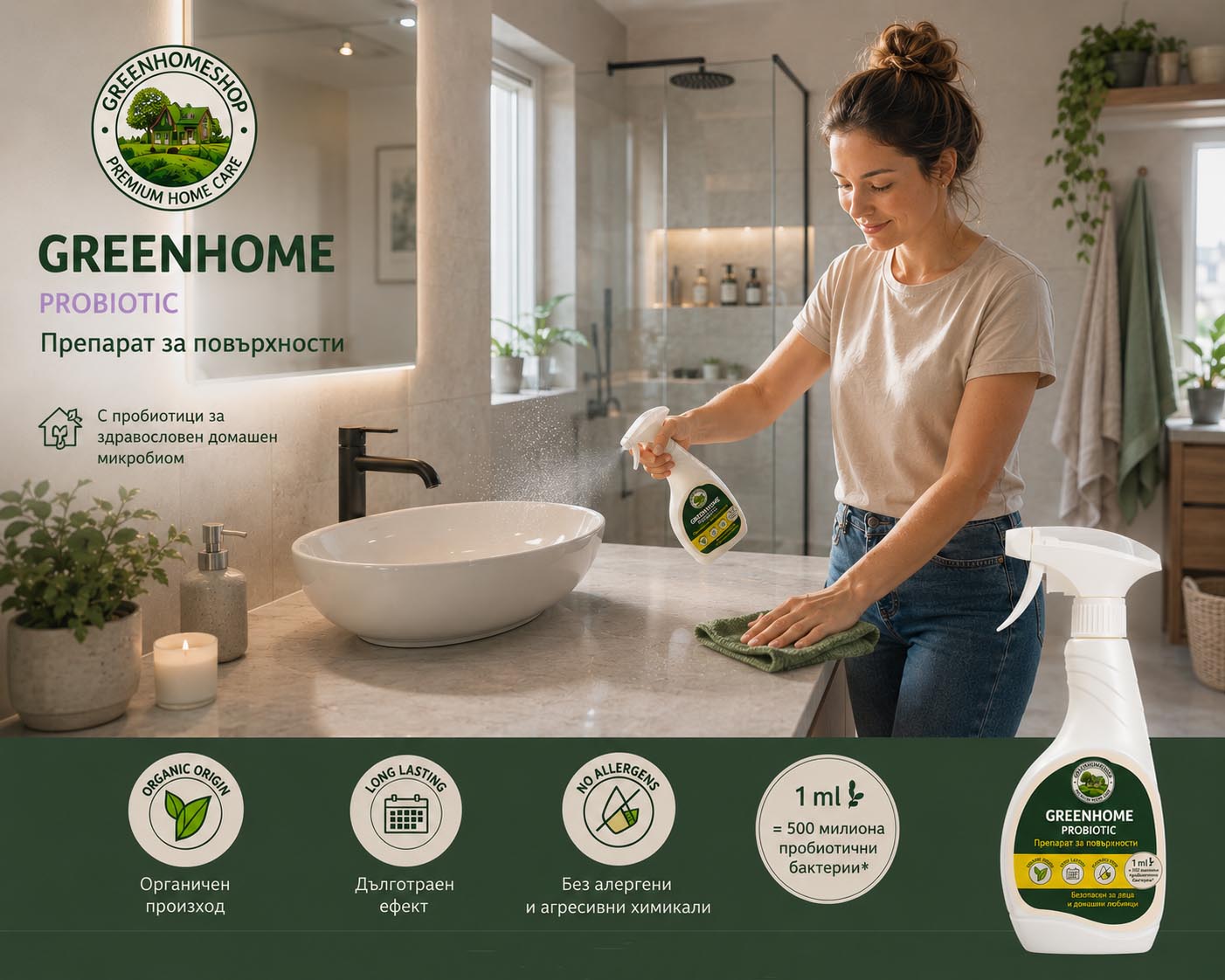пробиотичен универсален почистващ препарат за повърхности Greenhome