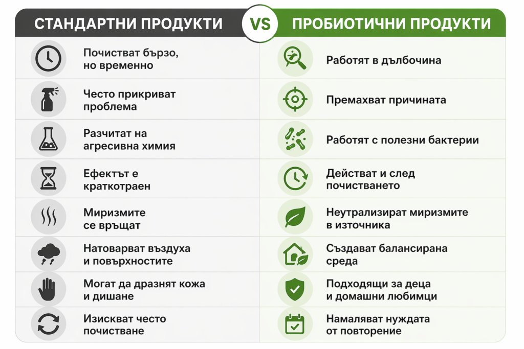 сравнителна таблица с предимставата на пробиотичните почистващи препарати